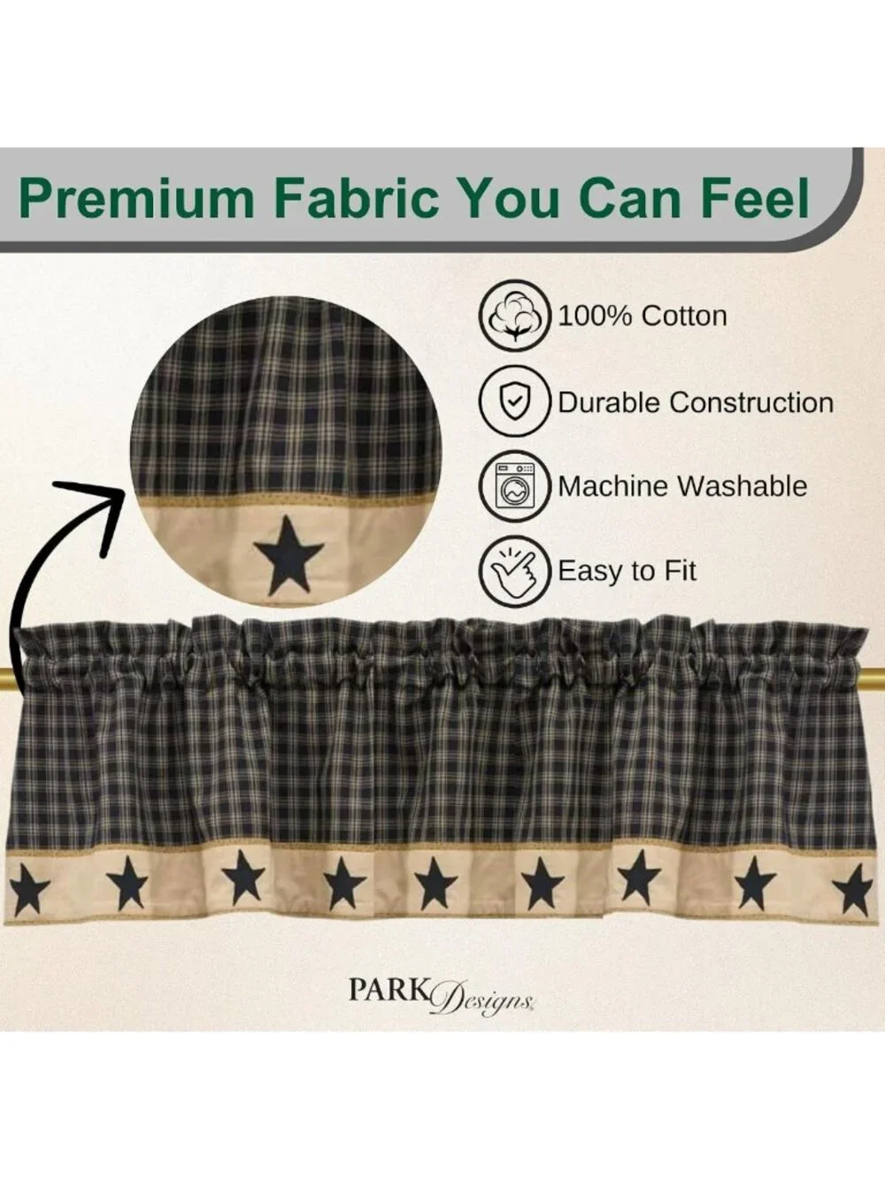 Farmhouse Plaid Window Valance Curtain - Star Patch Fall Decor 60